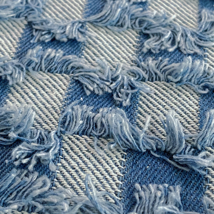 Fringed Check Cotton/Poly Denim - Tonal Blue