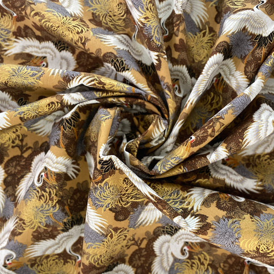 Crane & Chrysanthemum Cotton Broadcloth - White/Fawn
