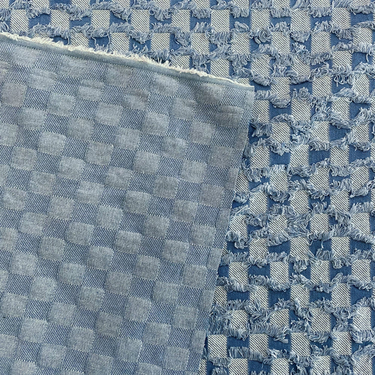 Fringed Check Cotton/Poly Denim - Tonal Blue