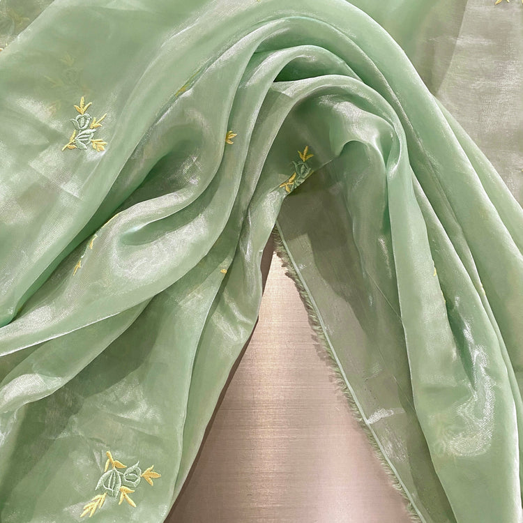 Embroidered Laurel Liquid Organza - Pale Mint Green / Yellow