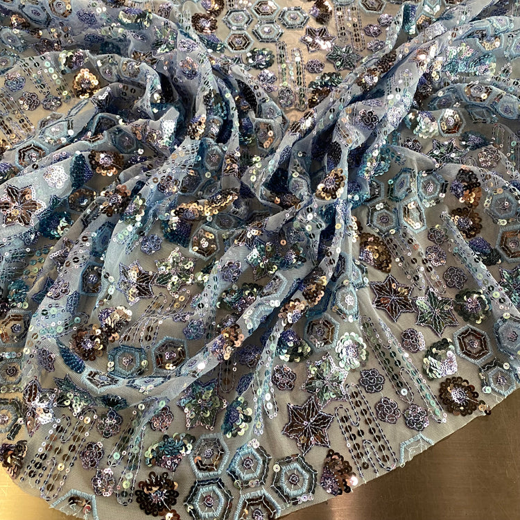 Geometric Ocean Sequined Tulle - Cadet Blue/Pale Violet