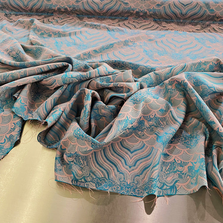 Seigaiha Motif Damask Woven - Salmon / Teal