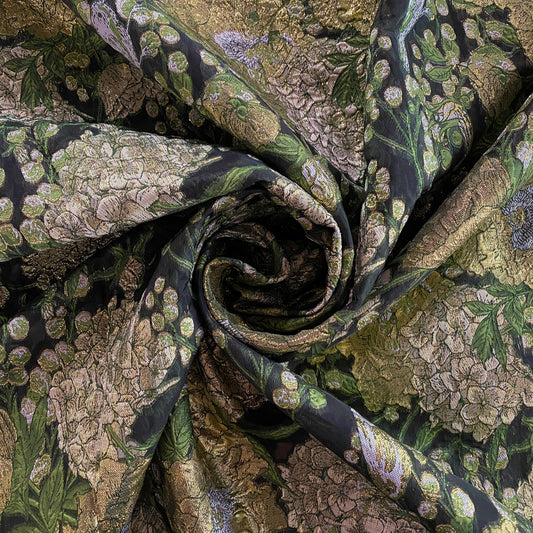 Metallic Floral/Birds Brocade Organza - Light Green/ Black