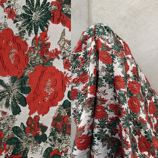 Butterfly Blossom Brocade - Metallic - Crimson/Dark Sea Green