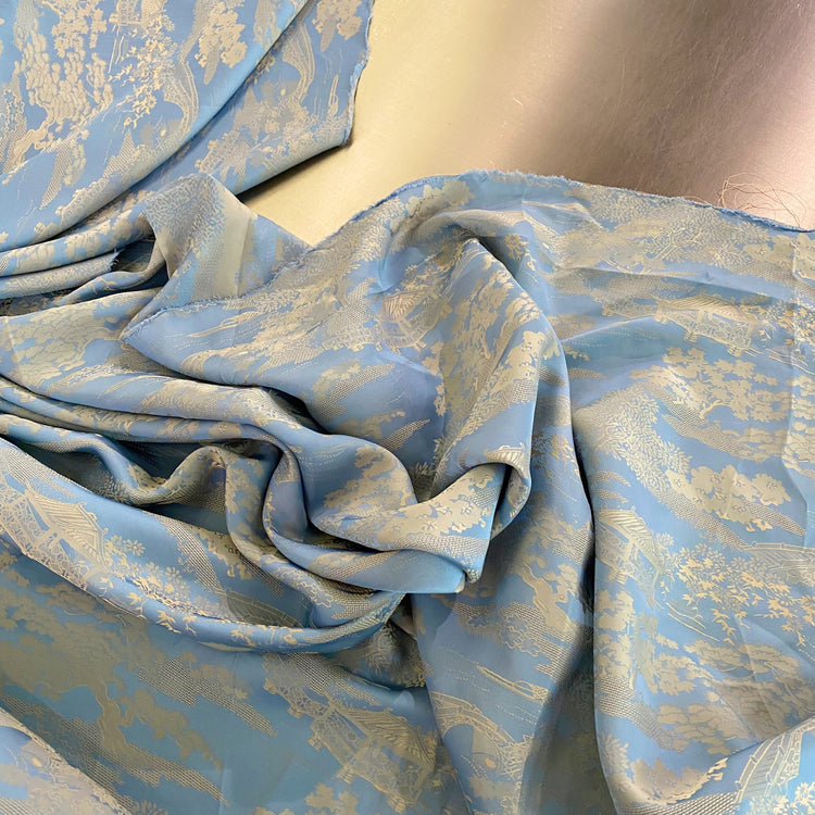 Chinese Garden Satin Jacquard - Open Weave Motif - Light Blue / Cornsilk
