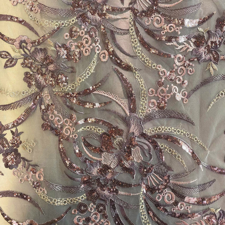 Nouveau Embroidered/Sequinned Floral Vine Tulle - Thistle / Rose Gold