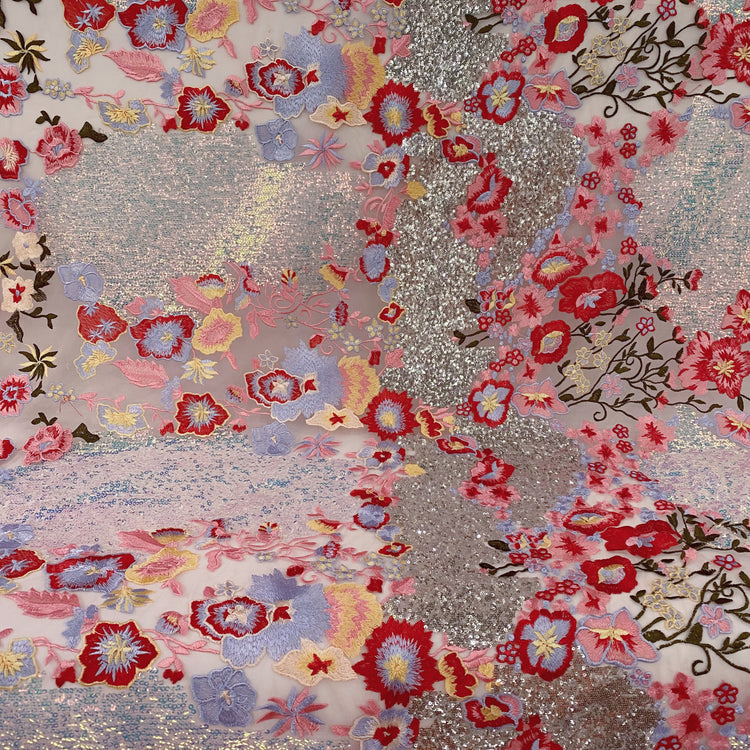 Floral Embroidery Mesh Knit - Pale Salmon/Red