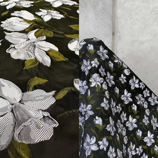 Wrinkled Daffodil Satin Jacquard -  White/Moss Green