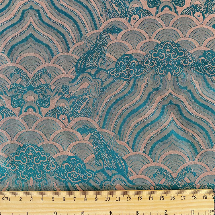 Seigaiha Motif Damask Woven - Salmon / Teal