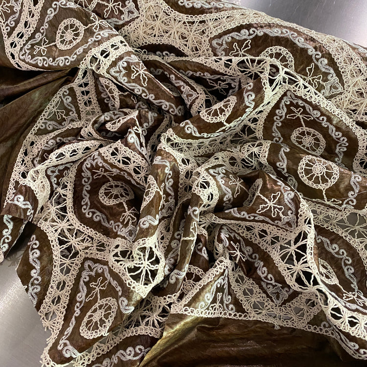 Bohemian Crochet Embroidered Satin - Shibori Dye - Saddle Brown