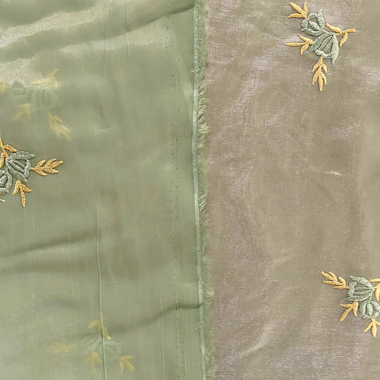 Embroidered Laurel Liquid Organza - Pale Mint Green / Yellow