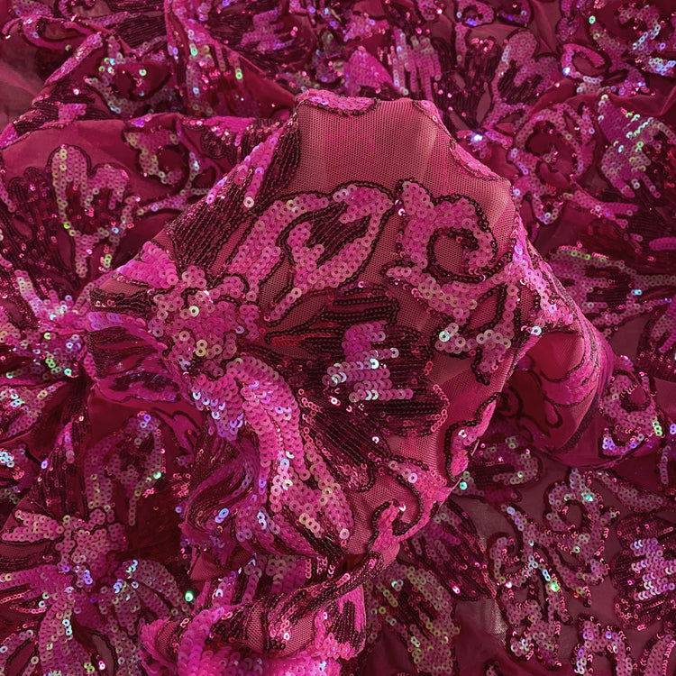 Baroque Hibiscus Sequin Embroidered Mesh - Holographic Pink / Fuchsia