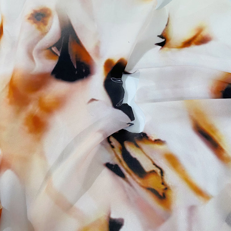 Burnt Paper Print Crepe de Chine - Cut Holes - White/Orange