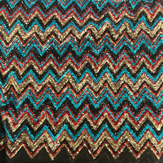 Chevron Sequinned Net - Turquoise/Gold