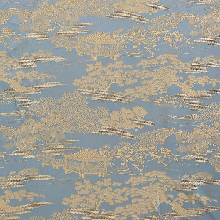 Chinese Garden Satin Jacquard - Open Weave Motif - Light Blue / Cornsilk