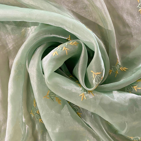 Embroidered Laurel Liquid Organza - Pale Mint Green / Yellow