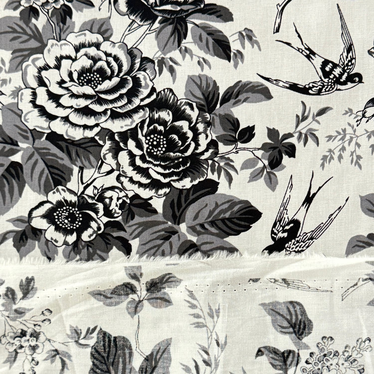 Rose & Swallow Cotton Lawn - Black/White