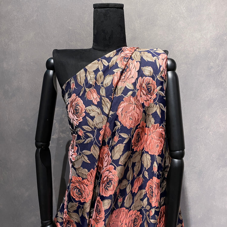 Winter Rose Cloqué Brocade - Pink / Tan / Navy