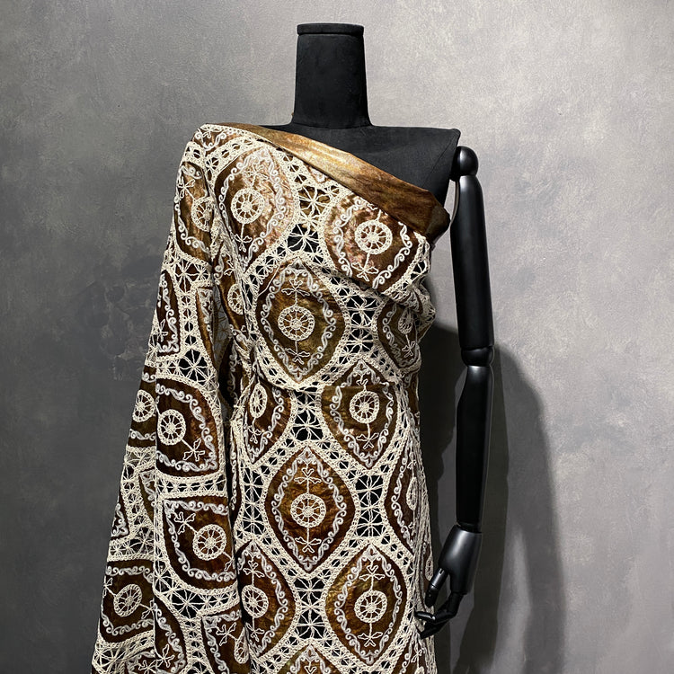 Bohemian Crochet Embroidered Satin - Shibori Dye - Saddle Brown