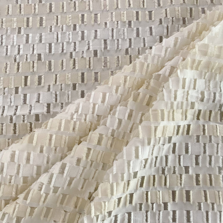 Rectangular Checkerboard Fringe Devore Organza - White / Cream