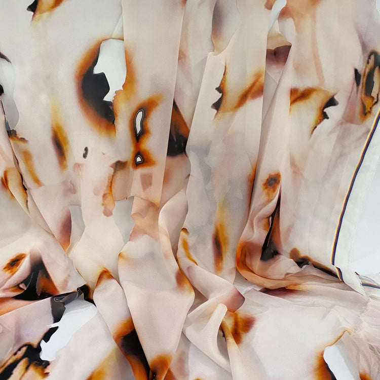 Burnt Paper Print Crepe de Chine - Cut Holes - White/Orange