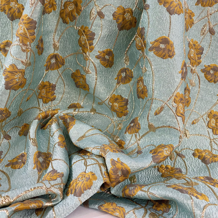 Rose Vine Brocade - Metallic - Light Blue/Gold
