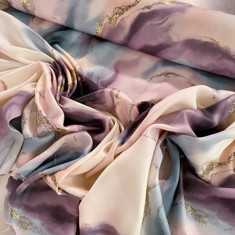 Rococo Marble Swirl Charmeuse - Steel Blue / Lavender / Gold