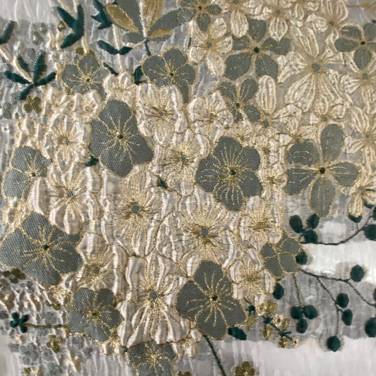 Metallic Floral Bouquet - Air Bubble Double Weave Organza - Teal/Cornsilk