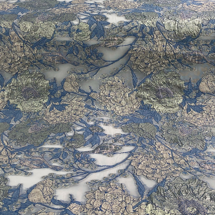 Metallic Floral/Birds Brocade Organza - Light Blue/Pale Pink
