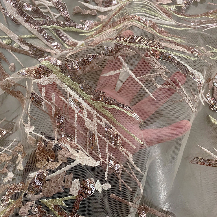 Abstract Trellis Embroidered/Sequin Tulle - Papaya Whip/Rosy Brown
