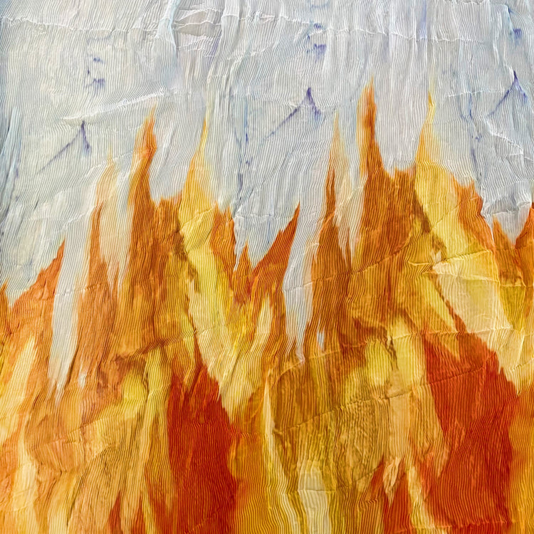 Flame Print Plisse Chiffon - Orange/Powder Blue