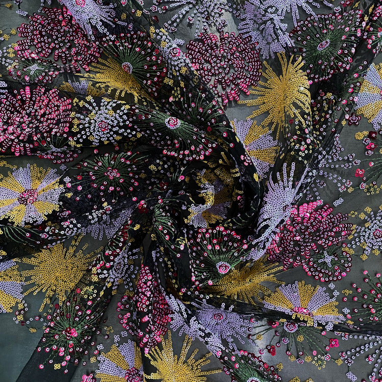 Firework Floral Sequinned Net - Black
