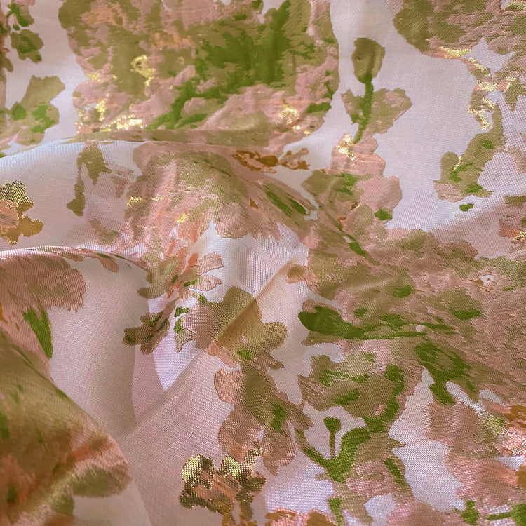 Large Flower Blossom Brocade - Metallic - Pale Pink/Green