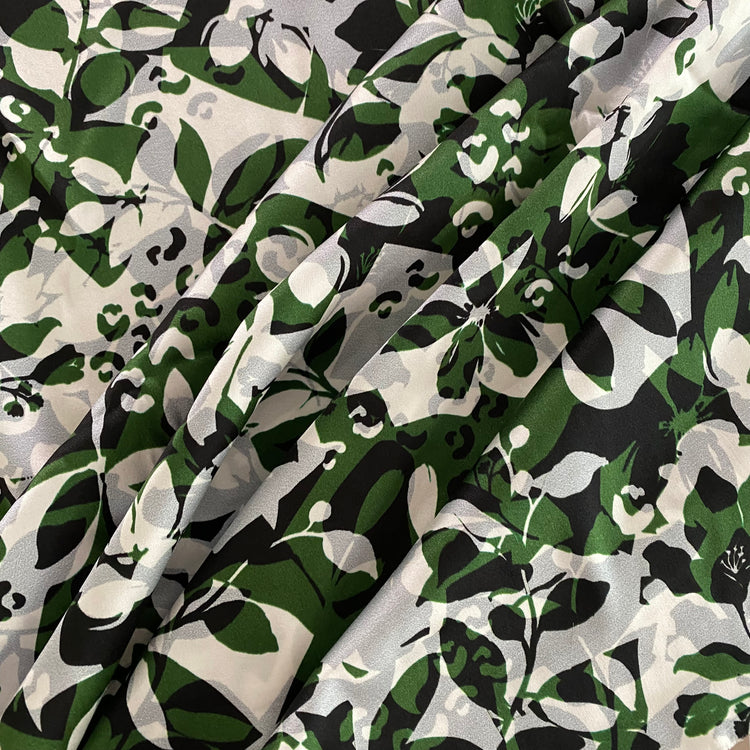Graphic Floral Stencil Stretch Silk Satin - Green / White