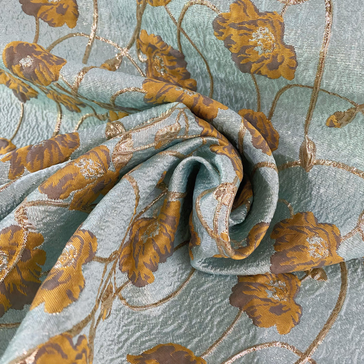 Rose Vine Brocade - Metallic - Light Blue/Gold