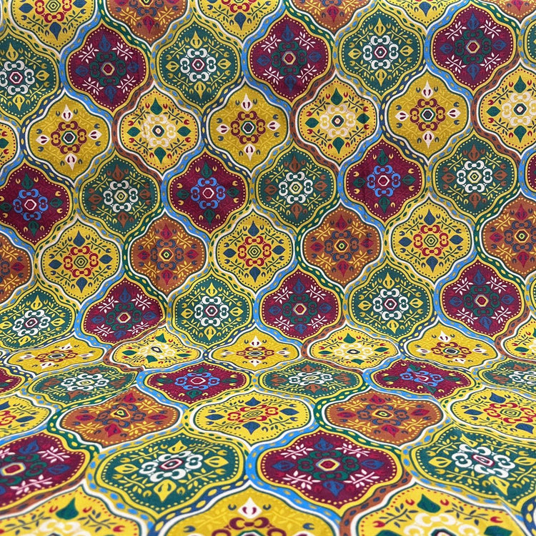 Moroccan Tile Cotton Plain Weave - Yellow/Maroon
