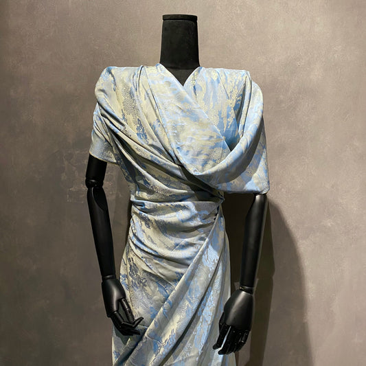 Chinese Garden Satin Jacquard - Open Weave Motif - Light Blue / Cornsilk