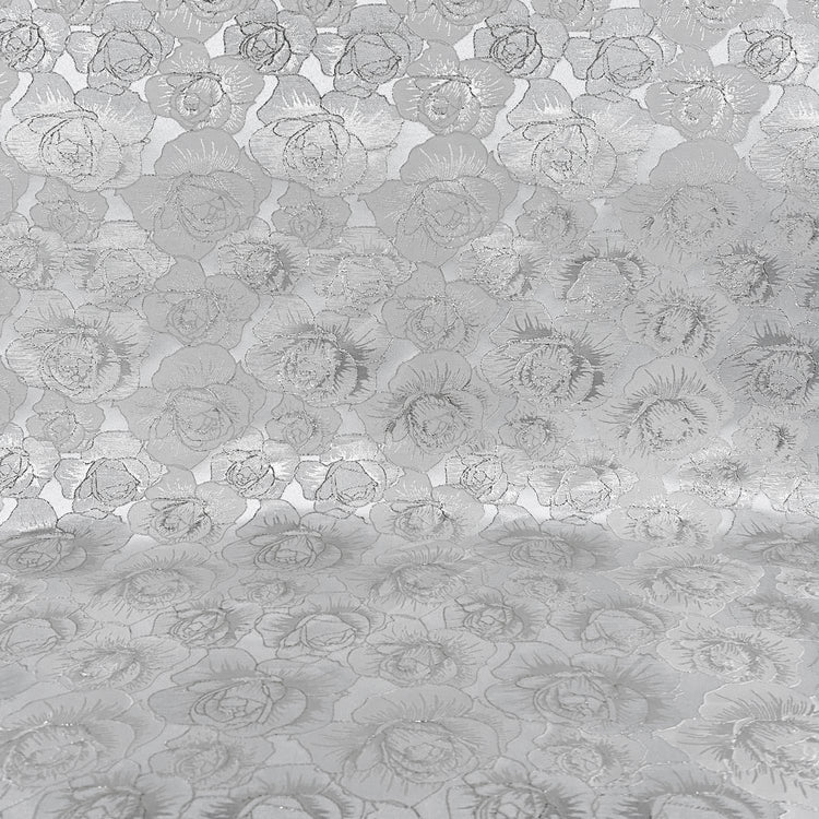 Raised Edge Rose Brocade - Metallic- Silver/White