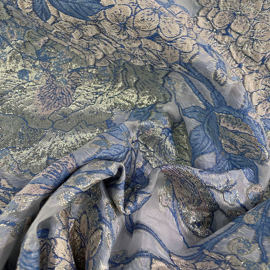 Metallic Floral/Birds Brocade Organza - Light Blue/Pale Pink