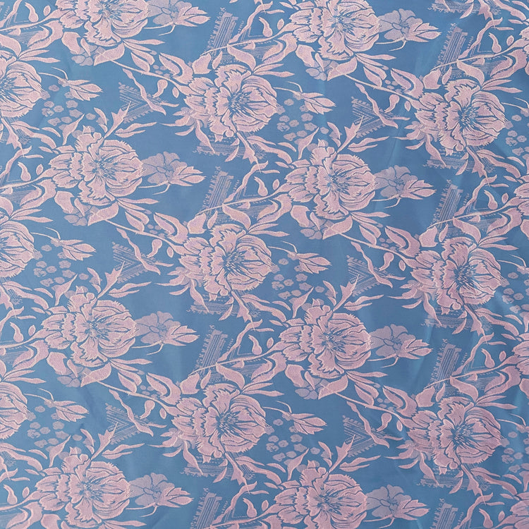 Lightweight Jacquard Layered Florals - Prussian Blue / Pink