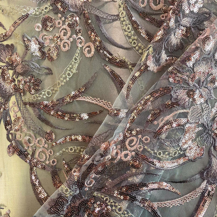 Nouveau Embroidered/Sequinned Floral Vine Tulle - Thistle / Rose Gold