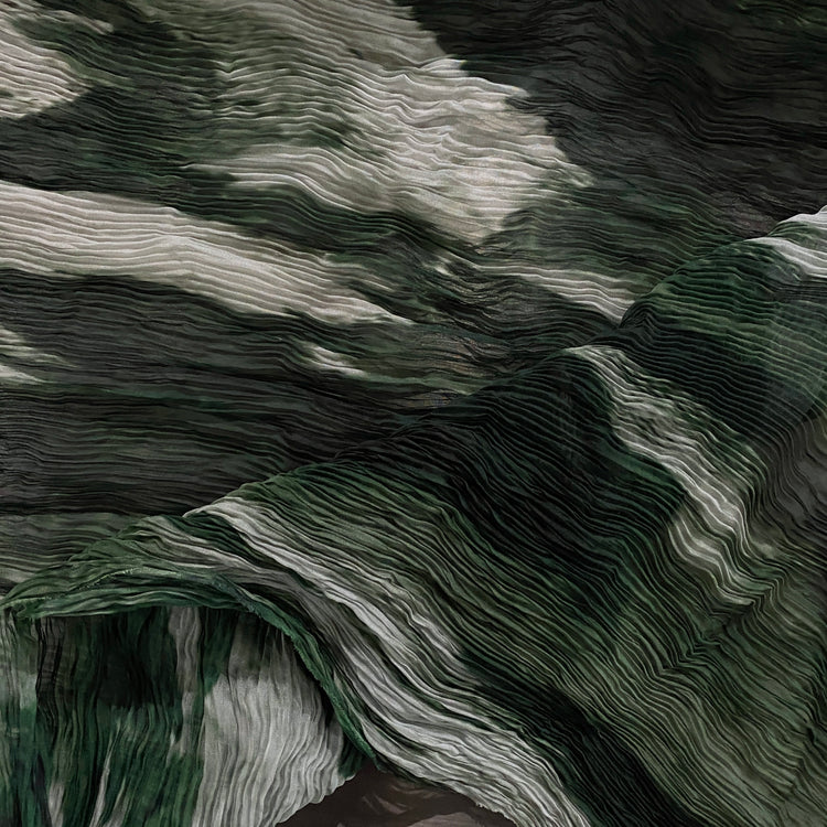 Flame Print Plisse Chiffon - Dark Green / Pale Sea Green