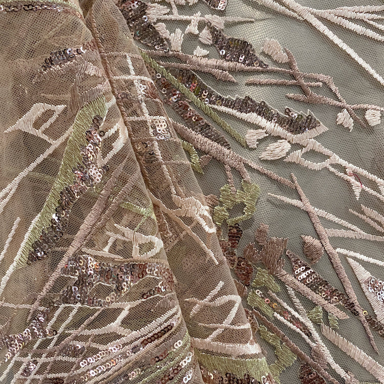 Abstract Trellis Embroidered/Sequin Tulle - Papaya Whip/Rosy Brown