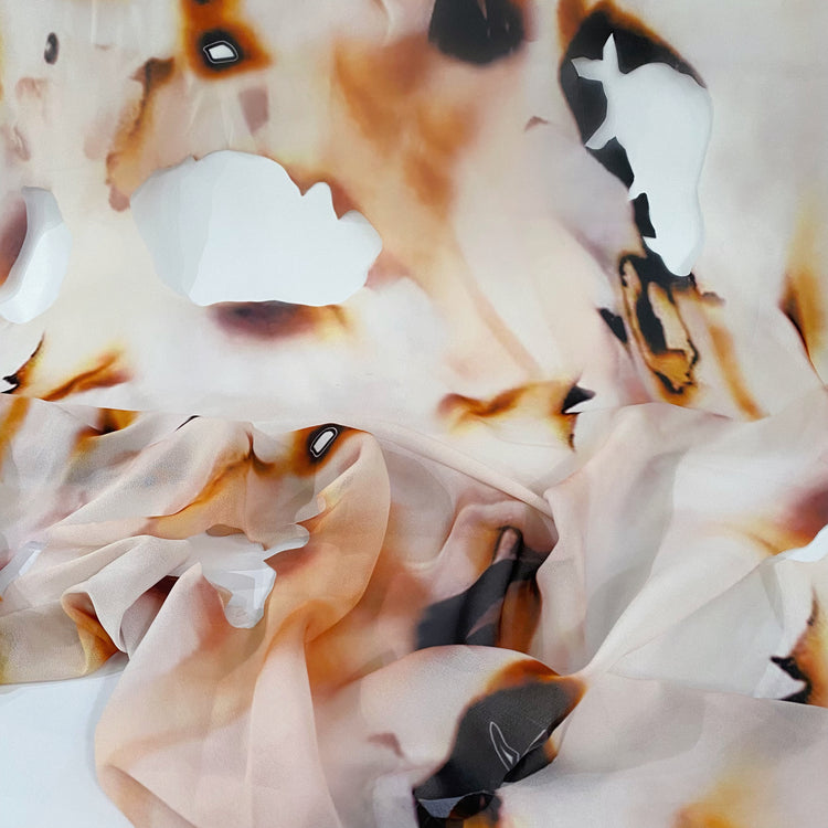 Burnt Paper Print Crepe de Chine - Cut Holes - White/Orange