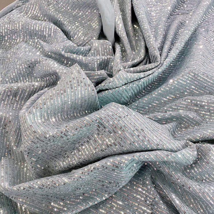 Sequin Embroidered Light Wash Denim - Powder Blue / Silver