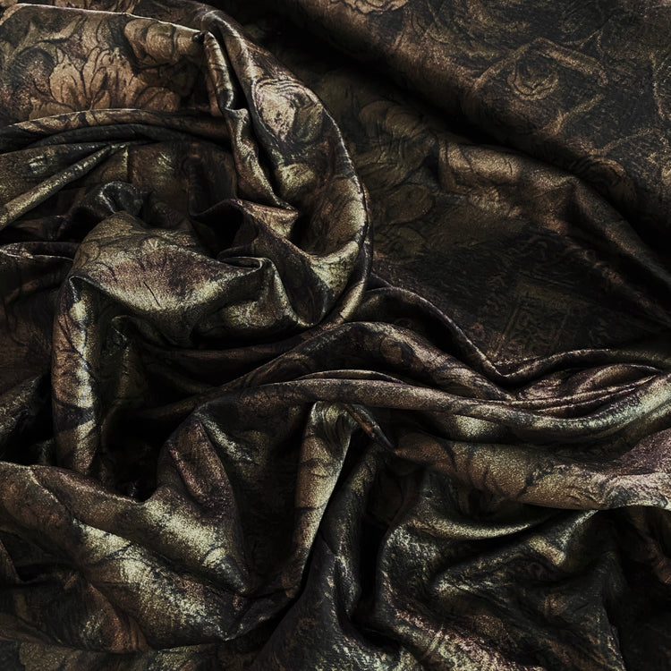 Floral Relief Metallic Satin - Antique Brass / Black