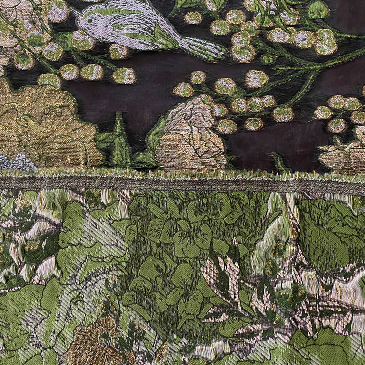 Metallic Floral/Birds Brocade Organza - Light Green/ Black