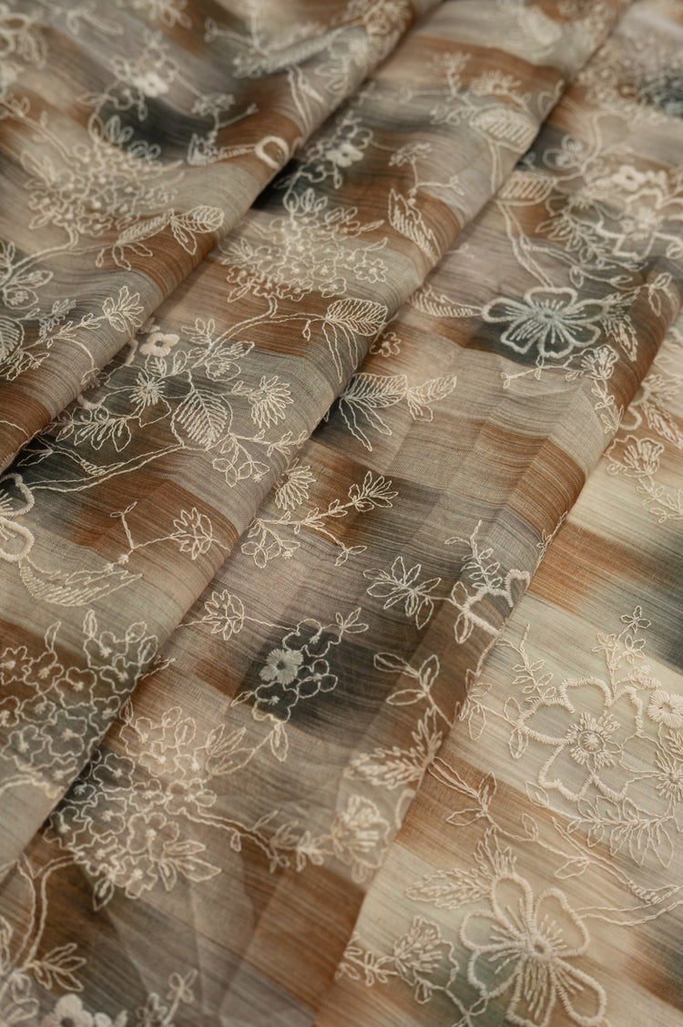 Chilli Flower - Embroidered Poly/Cotton Voile - Olive/Cornsilk