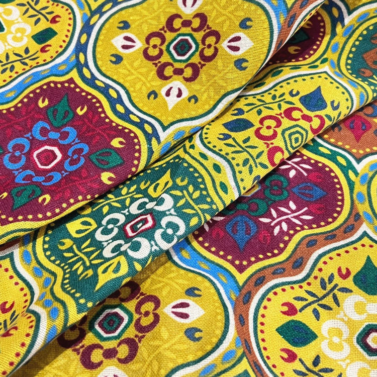 Moroccan Tile Cotton Plain Weave - Yellow/Maroon