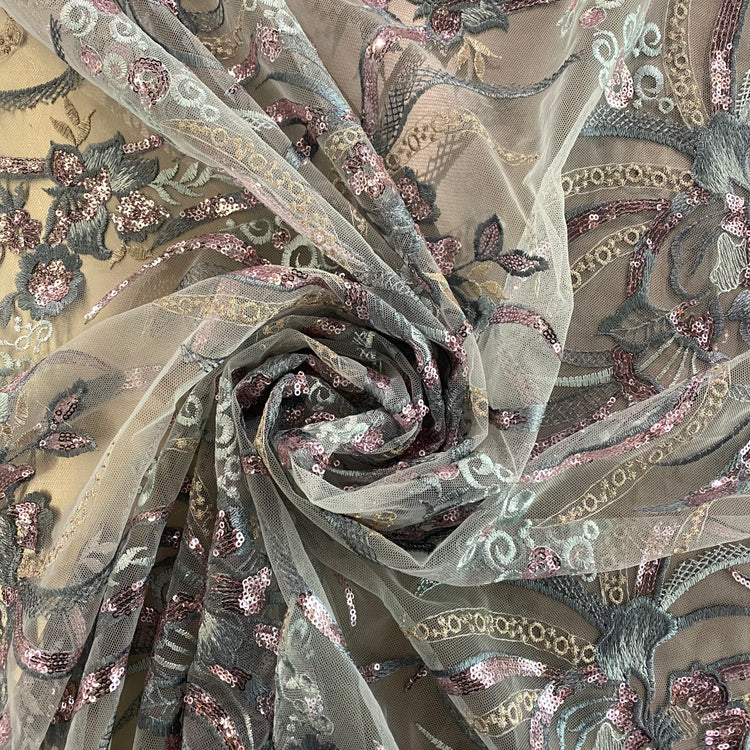 Art Nouveau Embroidered Floral Vine Tulle - Sequined - Cadet Blue/Rose Gold
